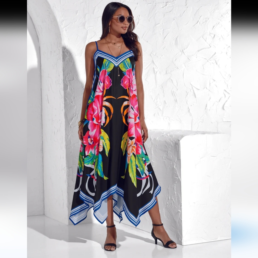 Tropical Garden Handkerchief-Hem Midi Dress by Studio EY Sz M Satin Flowy Vacay